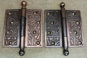2 Old Door Hinges Ball Tip 4 X 4” Copper Restore Cast Iron Vines Eastlake Church - Picture 1 of 12