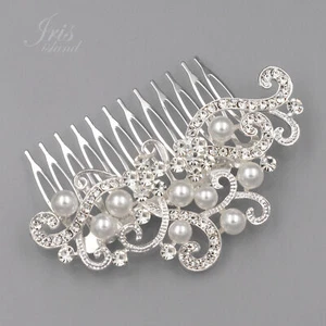 Peine de cabello de novia cristal perla pasador accesorios de boda 06530 plata - Imagen 1 de 6