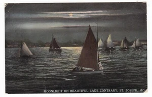1914 ST JOSEPH MISSOURI MOONLIGHT SAILING BOAT LAKE CONTRARY VINTAGE POSTCARD MO - Picture 1 of 2