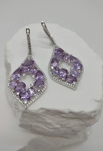Sterling Silver Amethyst Cluster Lever back Dangle Earrings - Picture 1 of 12