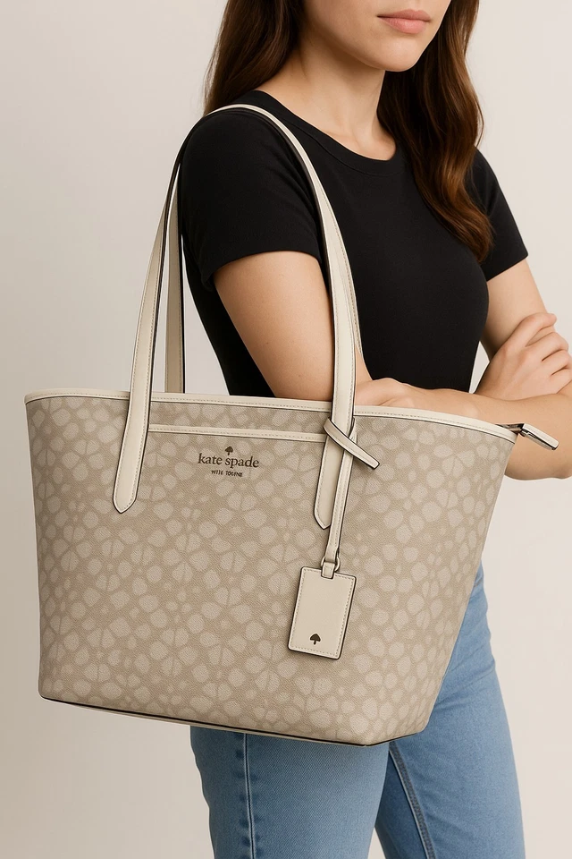Bolsa tote Kate Spade Spade flor jacquard grande bege creme bolsa de ombro - Imagem 1 de 4