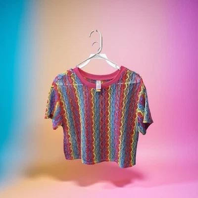 Rainbow Crochet Striped Bathing Suit Coverup Top L (11-13) No Boundaries - Image 1 of 4