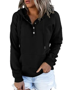 Sudaderas con capucha para mujer cuello con botones delanteros cómodas simples lisas manga larga para mujer S... - Imagen 1 de 9