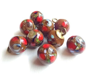 9 Antique Diminutive Brown Glass Ball Buttons w/ Colorful Inlays ~ under 3/8" - Picture 1 of 5