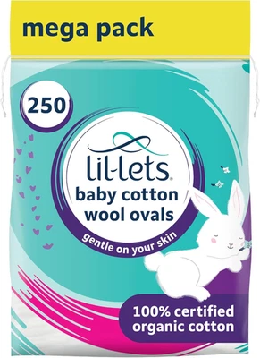 LIL-LETS UK LIMITED Lil-Lets Baby Cotton Wool Oval Pads, X 250 (5 Packs of 50 Ovals), Certified Orga