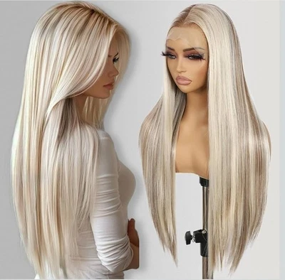HD Front Lace Wig Human Hair Blend Highlights  Long Straight Blonde  - Image 1 of 4