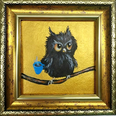 猫头鹰和咖啡画原版滑稽鸟艺术金色小艺术品框架 3x3 — 第 1/4 张图片