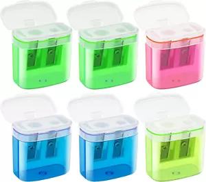 6 Pcs 2 Holes Small Manual Pencil Sharpener with Lid, Colored Handheld Dual Hole - Picture 1 of 7