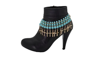 Women Gold Metal Boot Chain Bracelet Anklet Shoe Cross Charm Turquoise Blue Bead - Picture 1 of 23