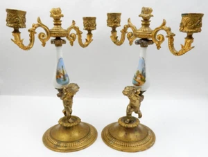 ANTIKER LOUIS XV CHERUB HANDBEMALTER PORZELLAN & MESSING KERZENLEUCHTER, FRANKREICH - Bild 1 von 24