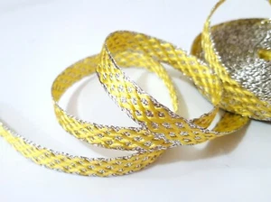 3/8" / 10mm wide 10-36yd Silver Metallic w/ Yellow Polyester Braided Ribbon L315 - Picture 1 of 9