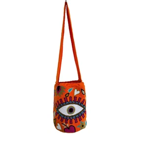 WAYUU MOCHILA Unique Orange Eye, Hearts & Flowers Artisan made Crossbody Bag - Picture 1 of 9
