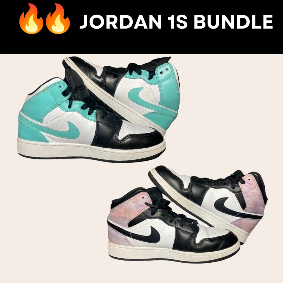 Nike Air Jordan 1 Mid PAQUETE Negro y Blanco Teal Púrpura 5.5Y 6Y ¡OFERTA! Foto 1 de 4
