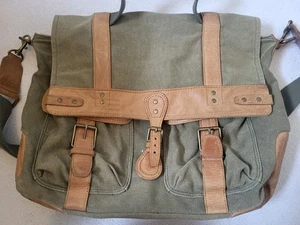 UGG Tan Leather And Green Canvas Messenger Bag 19 × 14 × 5  - Picture 1 of 20