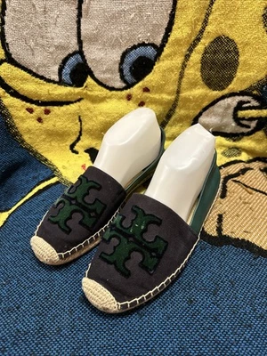 Alpargatas Tory Burch Azul Marino Y Verde Lona Con Logo T En la Parte Frontal Talla 8 Foto 1 de 4
