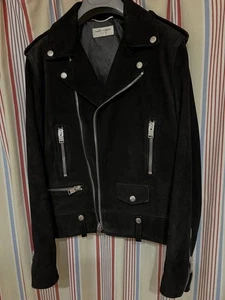 Used Saint Laurent L 01 Suede Double Riders Jacket Size 44 Black Length 57cm - Picture 1 of 9