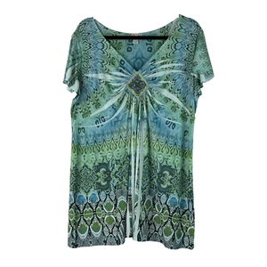 World of Unity Top Womens 1XL Blue Green Paisley Print Rhinestone Bodice - Picture 1 of 10