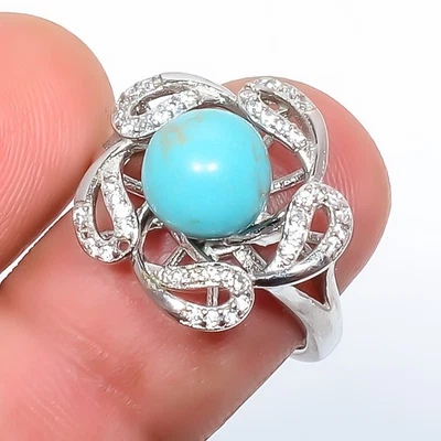 Anillo de joyería enchapado en plata con piedras preciosas azul cobre turquesa y circonita cúbica R606-76 Foto 1 de 3