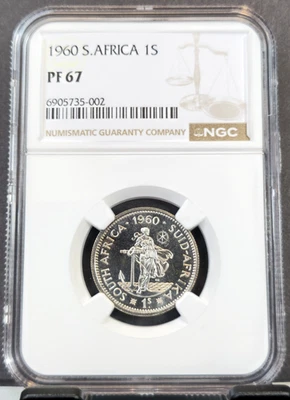 1960 SOUTH AFRICA SILVER 1 SHILLING WOMAN & ANCHOR NGC PF 67 RARE GEM PROOF - Image 1 of 3