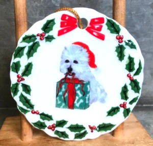 Vintage Porcelain MaltiPo Merry Christmas Ornament Dog Holly Bone Excellent - Picture 1 of 5