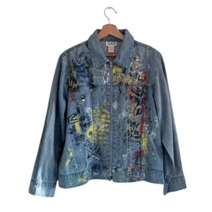 CLIO II DISTRESSED ZIP UP JEAN JACKET DENIM PAINTED WOMENS SIZE 16 - Picture 1 of 7