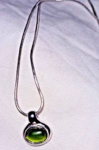 Lia Sophia "Green River" Green Cat's Eye Pendant Silver Tone Necklace Adjustable - Picture 1 of 4