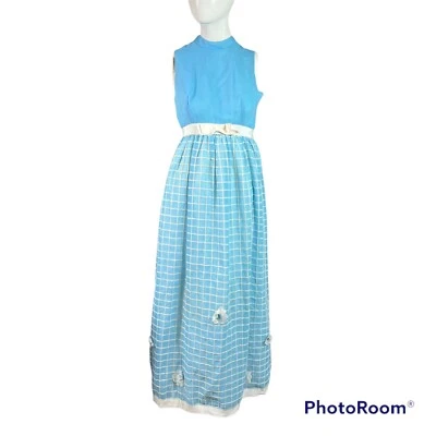 Vintage 50s Dress Small Long Maxi MCM Blue Retro Embroidered Flower Party - Image 1 of 4