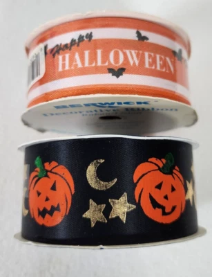 VTG Berwick Offray Halloween Indoor/Outdoor Ribbon Bats Pumpkins 1.5" W 18ft L - Image 1 of 4