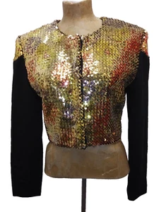 Vintage 1980's Gold Sequins Black Rayon Evening Disco Jacket Top by Ar-Em Small - Picture 1 of 6
