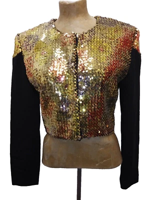 Vintage 1980's Gold Sequins Black Rayon Evening Disco Jacket Top by Ar-Em Small - Image 1 of 4