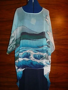 100% silk georette floaty kaftan/tunic  Hiroshige's Sea off Satta  S/M  NEW - Picture 1 of 4