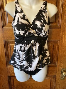 TRIMSHAPER Black & White One Piece Tankini Style SWIMSUIT, Sz 10 MSRP $109, NWOT - Picture 1 of 8