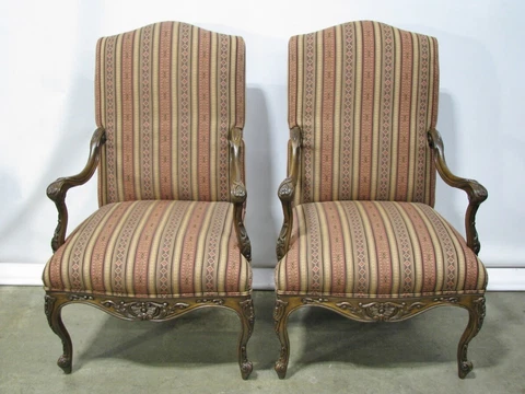 *PAIR* Henredon Louis XIV High Back Open Armchairs; Heavily Carved Details Cover