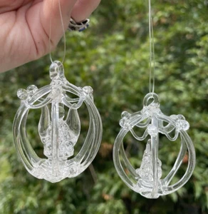 Lot of (2) Hand Blown Clear Glass Christmas Tree Ornaments 'In Cage' Angel Tree - Picture 1 of 12