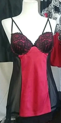 Sexy Babydoll Camisón Negro Rojo Satinado y Lencería Transparente M Chemise Linea Donatella Foto 1 de 4