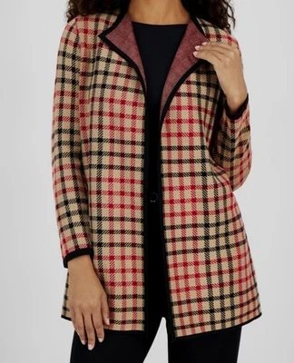 Cárdigan suéter Kasper beige a cuadros frente abierto talla S para mujer Foto 1 de 3