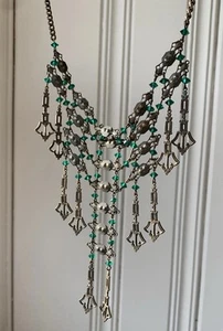 Jugendstil Deko Messing Smaragd Grün Böhmische Kristall Netz Halskette Lange Fransen - Bild 1 von 19