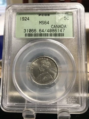 1924  PCGS Graded Canadian,  5 Cent, **MS-64** - Image 1 of 2