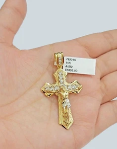 14k Yellow Gold Cross Charm Pendant Jesus Crucifix 2 Inch With CZ Men REAL 14kt. - Picture 1 of 8