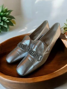 Vtg Saks Fifth Avenue Silver Diamond Embellished Metallic Loafers 9.5AA Heel - Picture 1 of 8
