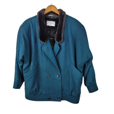 Abrigo Vintage Lana Doble Pecho Talla 8/10 Mediano Invierno Clásico Forrado de Piel Verde azulado Foto 1 de 4