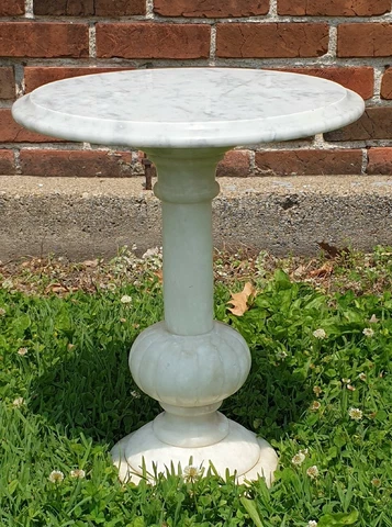 Vintage Italian Turned Alabaster Plant Stand Round Table 18" T 13" Diam Marble Cover