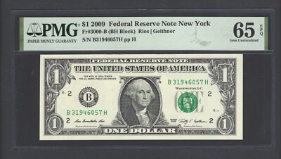 United States-Federal Reserve 1 Dollar 2009 Fr#3000-B (BH Block) UNC Grade 65 - Image 1 of 2