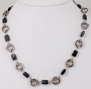 STERLING SILVER VINTAGE BLACK ONYX STONES CHAIN NECKLACE 925 FINE 5998