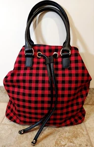 Talbots | Red Plaid Check Cotton & Black Leather Top Handle Bucket Bag | NEW! ✨ - Picture 1 of 14