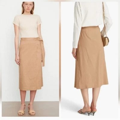 Falda midi Vince con hebilla envolvente mezcla de lino arenosa para mujer talla 2 sarga caqui Foto 1 de 4