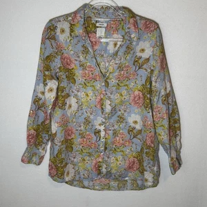 Joie Women 100% Linen Large Top Blouse Tunic Blue Floral Button Down Arm Tabs - Picture 1 of 7