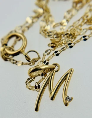 14K Yellow Gold Chain Necklace 18” w/ beautiful M Pendant w diamond. - Image 1 of 4