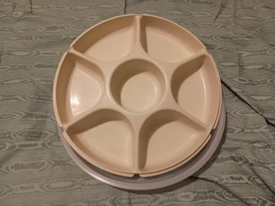 Tupperware Vintage Divided Veggie/Fruit Dip Serving Tray with Lid 14" Almond - Image 1 of 4