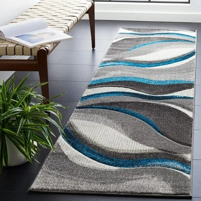 14' Runner Rug Modern Turquoise Abstract Accent Carpet Hall Way Entry Luxury - Image 1 of 3